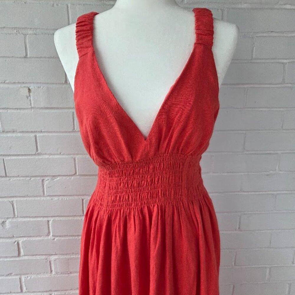 Abercrombie & Fitch Size Small Scrunchie Strap Linen Blend Midi Dress in Coral